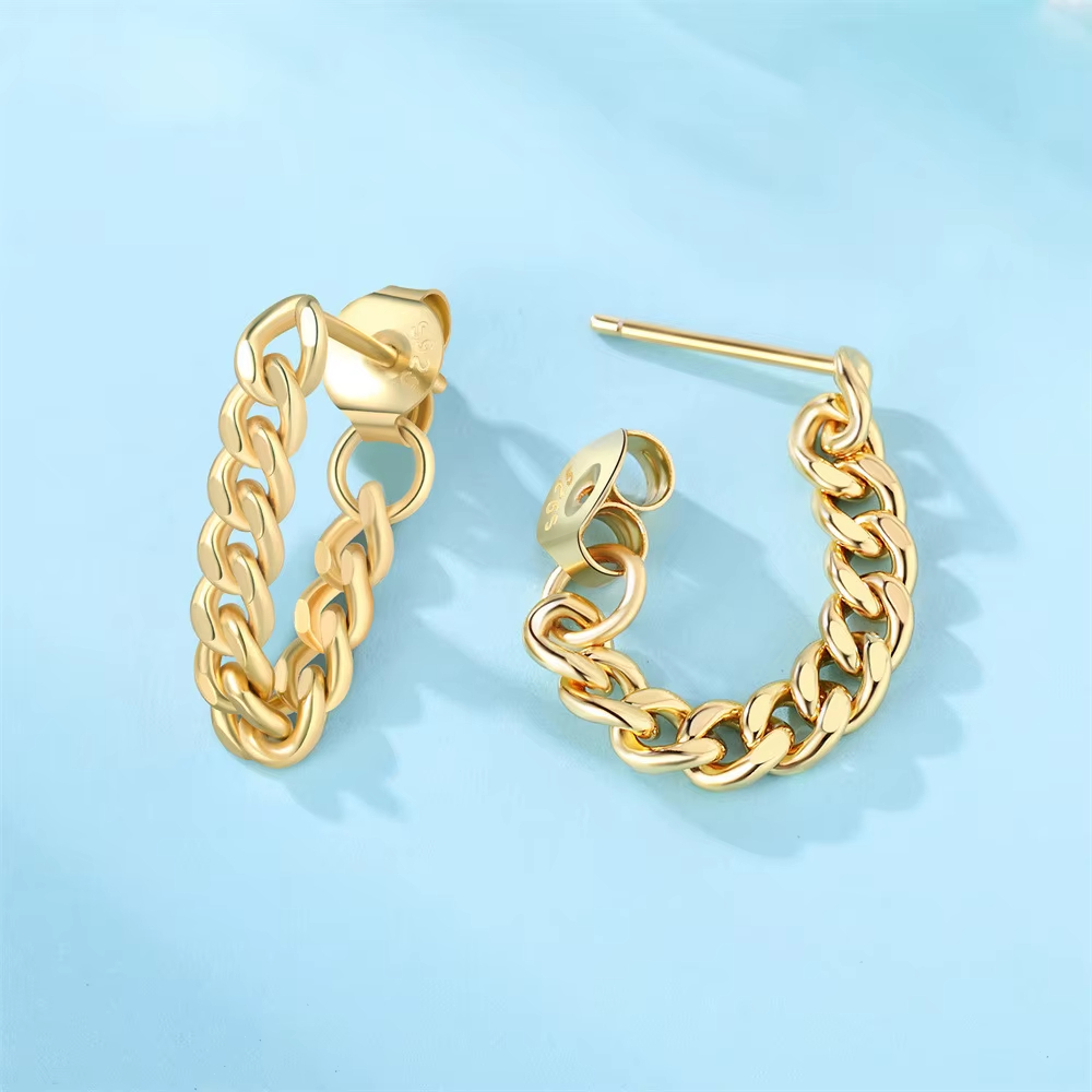 Fine Jewelry 925 Sterling Silver Gold Plated Link Chain Hoop Earrings for Women
