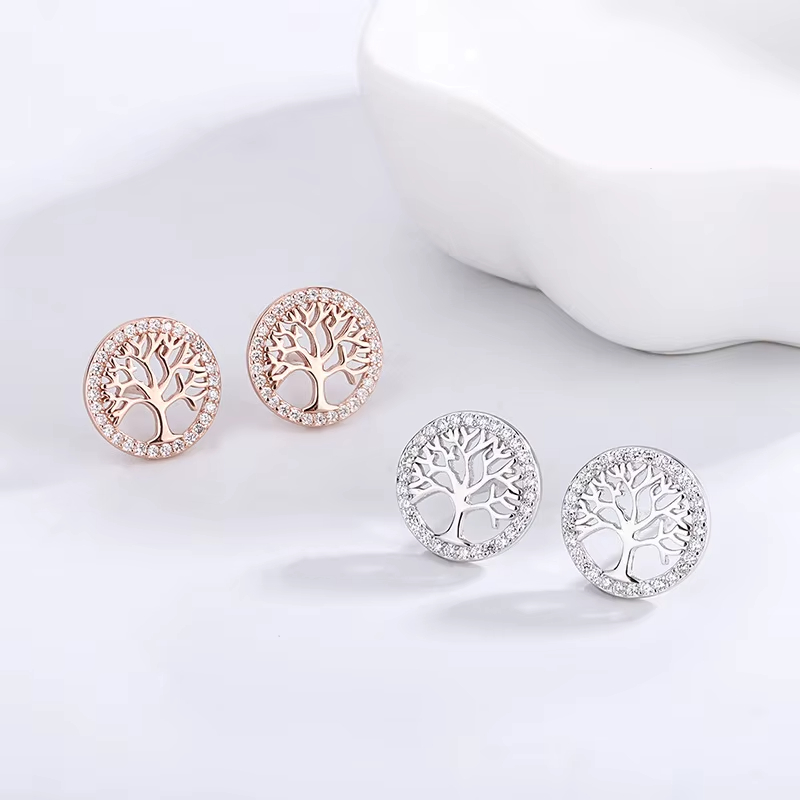 Fine Jewelry 925 Sterling Silver Plated Zircon halo Round Tree of Life Stud Earrings for Women