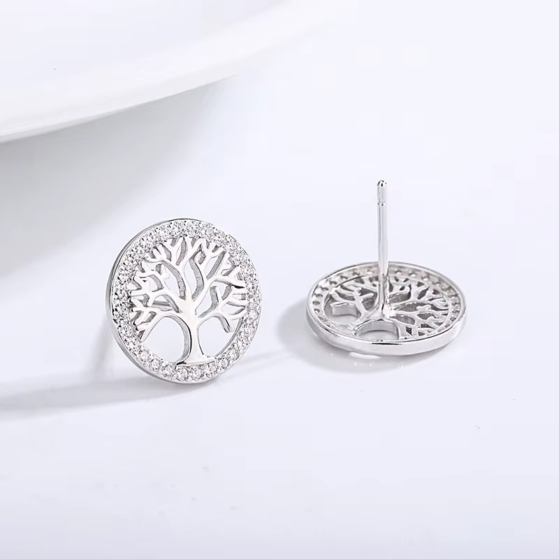Fine Jewelry 925 Sterling Silver Plated Zircon halo Round Tree of Life Stud Earrings for Women
