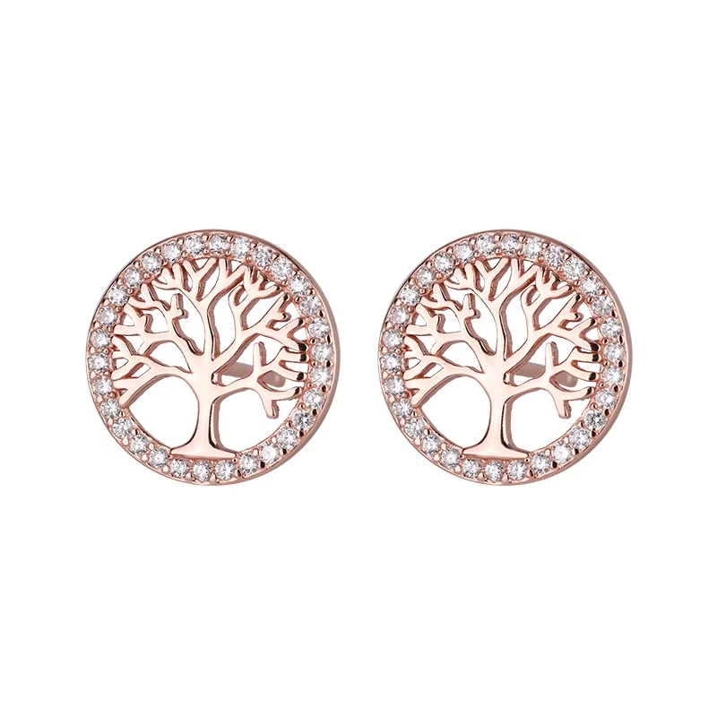 Fine Jewelry 925 Sterling Silver Plated Zircon halo Round Tree of Life Stud Earrings for Women