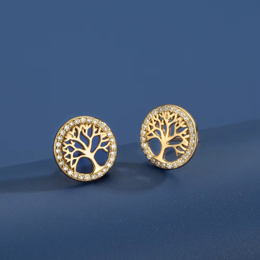 Fine Jewelry 925 Sterling Silver Plated Zircon halo Round Tree of Life Stud Earrings for Women
