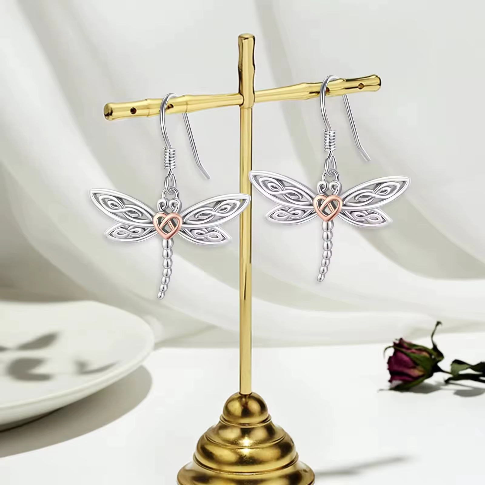 Fine Jewelry 925 Sterling Silver Rhodium Plated&Rose Gold Plated Celtic Knot Dragonfly Hook Earrings