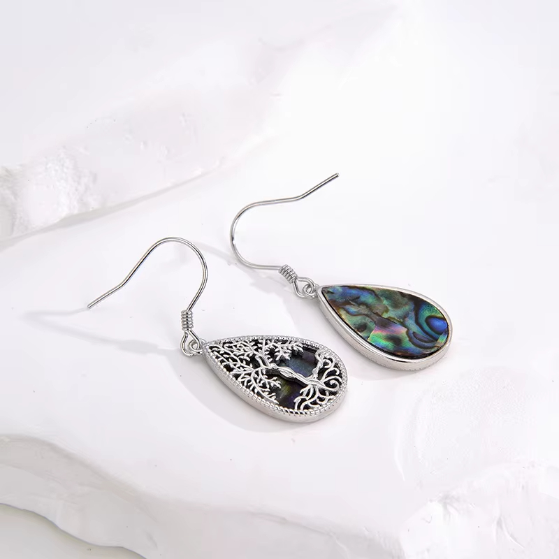 Fine Jewelry 925 Sterling Silver Tree of Life Abalone Shell Drop Shape Hook Earrings for Women