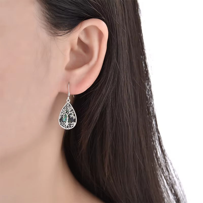 Fine Jewelry 925 Sterling Silver Tree of Life Abalone Shell Drop Shape Hook Earrings for Women