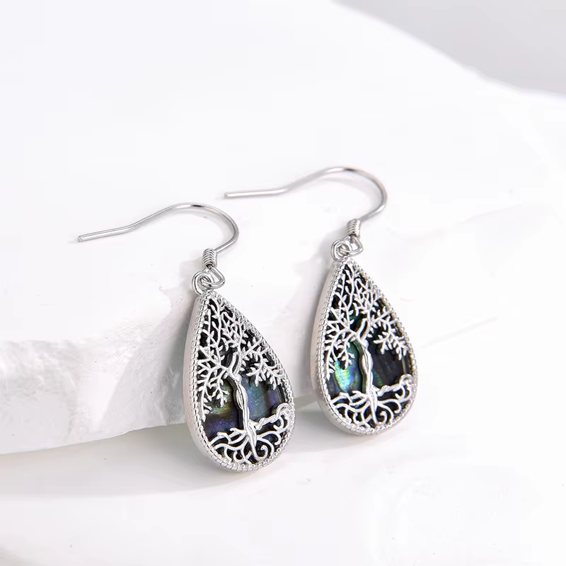 Fine Jewelry 925 Sterling Silver Tree of Life Abalone Shell Drop Shape Hook Earrings for Women
