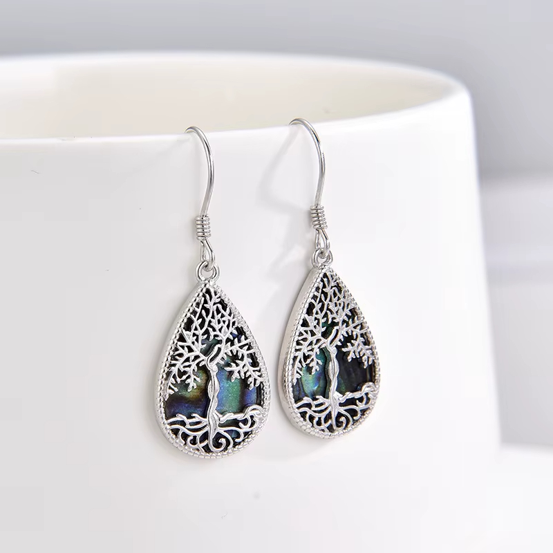 Fine Jewelry 925 Sterling Silver Tree of Life Abalone Shell Drop Shape Hook Earrings for Women
