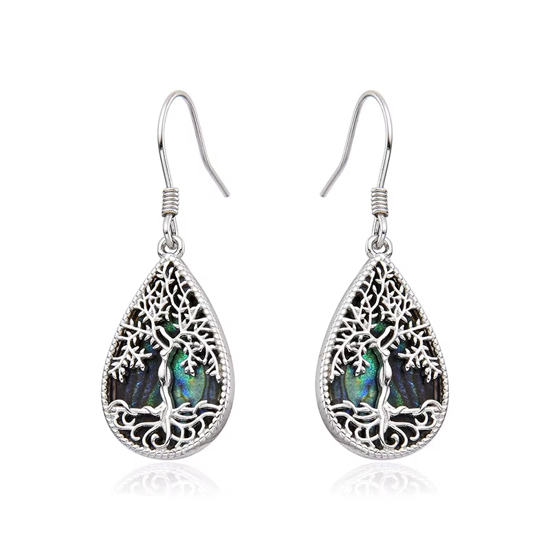 Fine Jewelry 925 Sterling Silver Tree of Life Abalone Shell Drop Shape Hook Earrings for Women