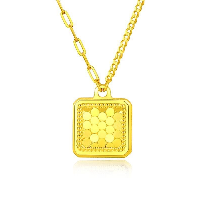 Vintage Square Pendant Necklace – Gold Titanium Chain with Engraved Floral Detail