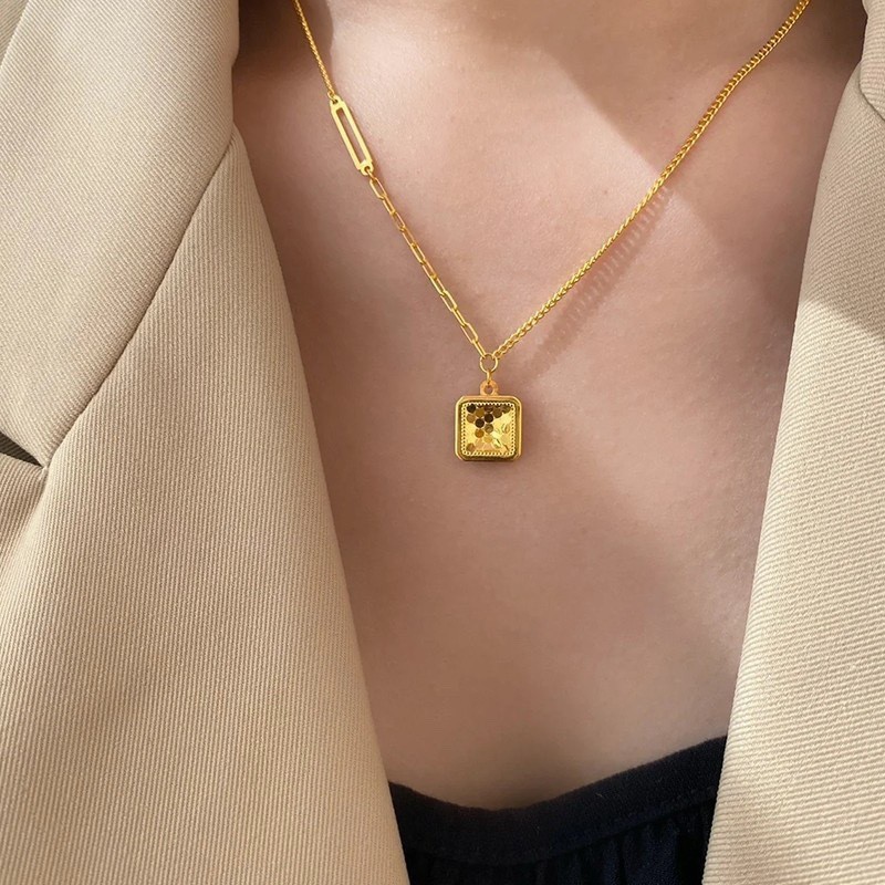 Vintage Square Pendant Necklace – Gold Titanium Chain with Engraved Floral Detail