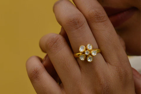 Floral Kundan Statement Ring – Middle Finger Jewelry with White Gemstones for Women