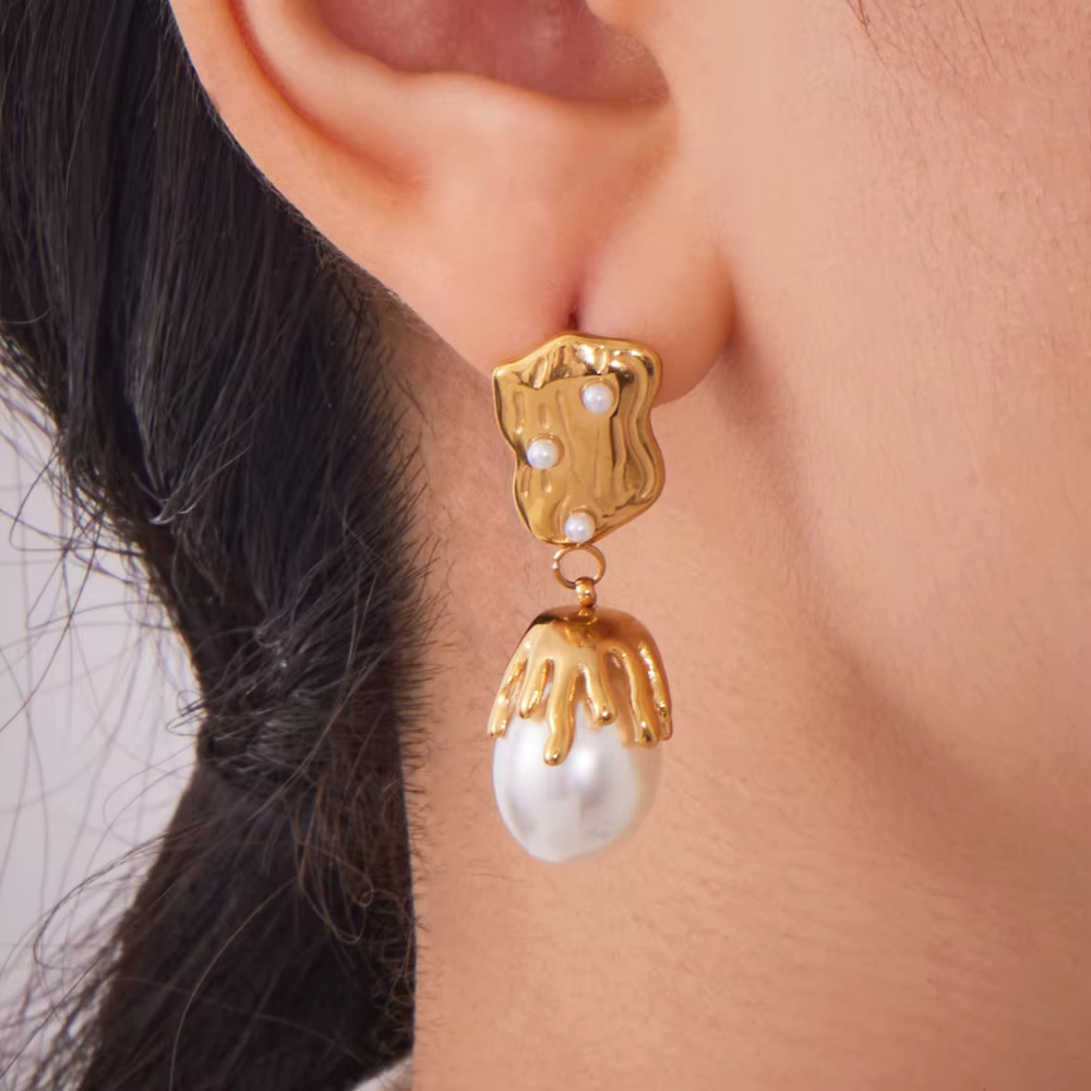 French Geometric Baroque Pearl Design Pendant Earring Necklace Irregular Stainless Steel Gold Plated Stud Earring for Women Girl