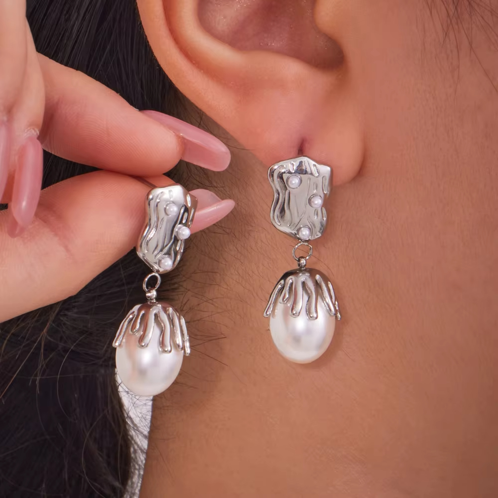 French Geometric Baroque Pearl Design Pendant Earring Necklace Irregular Stainless Steel Gold Plated Stud Earring for Women Girl