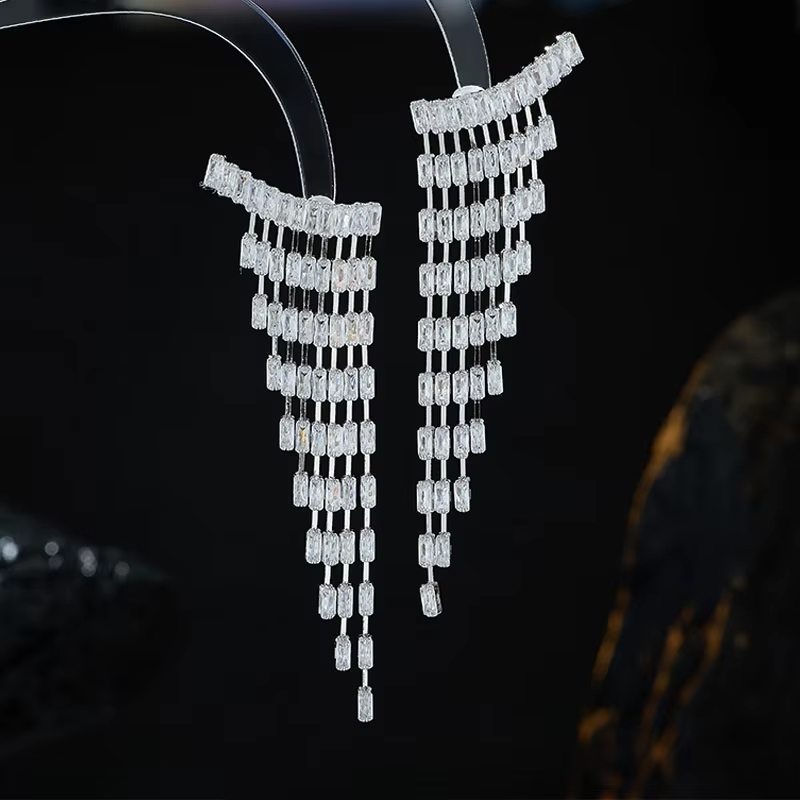 French Luxury High-grade Drop Earrings with Long Tassel Trendy Inlaid Zircon Design Brass Material
