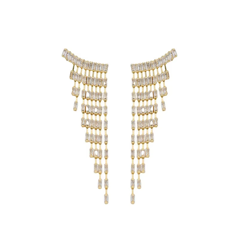 French Luxury High-grade Drop Earrings with Long Tassel Trendy Inlaid Zircon Design Brass Material