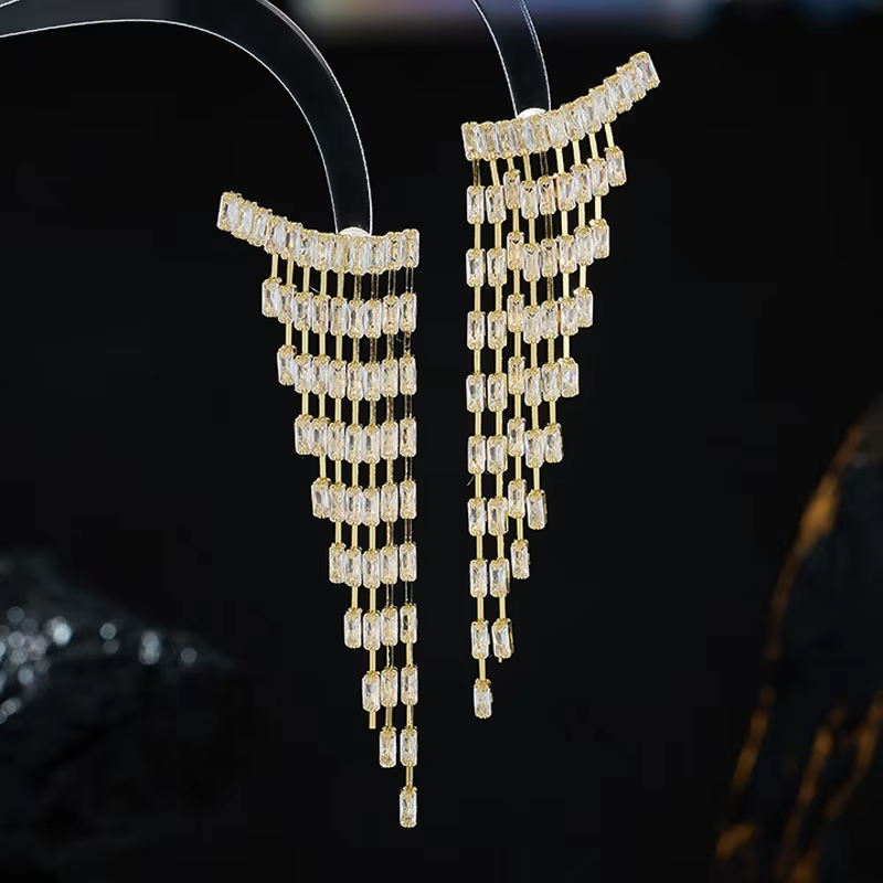French Luxury High-grade Drop Earrings with Long Tassel Trendy Inlaid Zircon Design Brass Material
