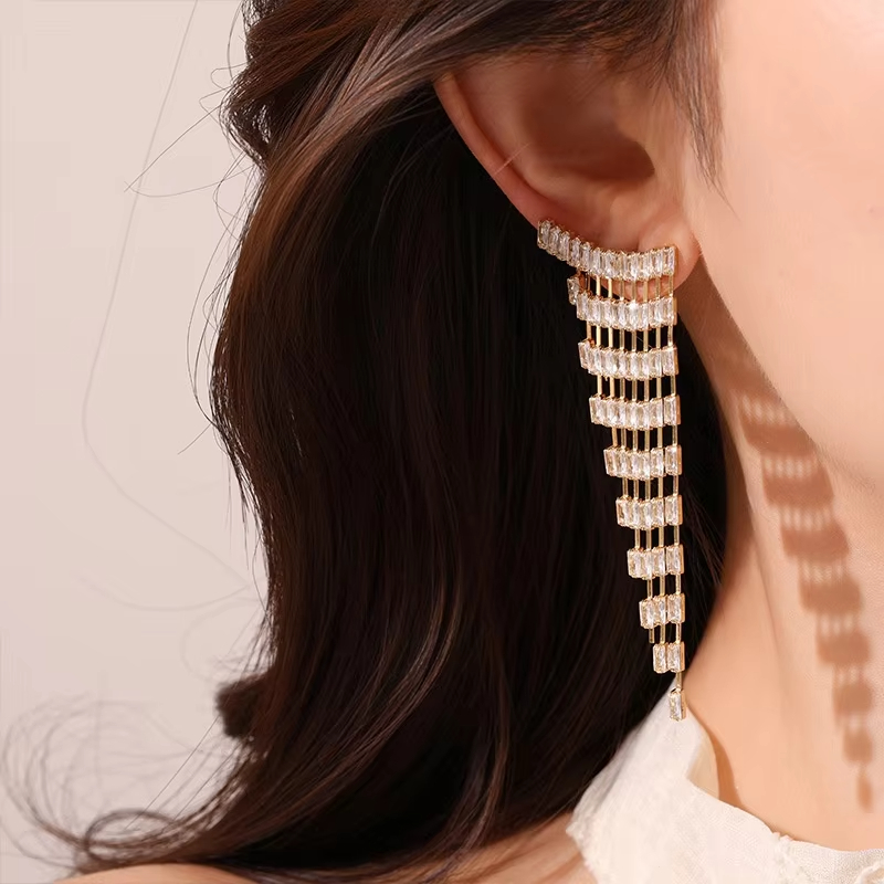 French Luxury High-grade Drop Earrings with Long Tassel Trendy Inlaid Zircon Design Brass Material