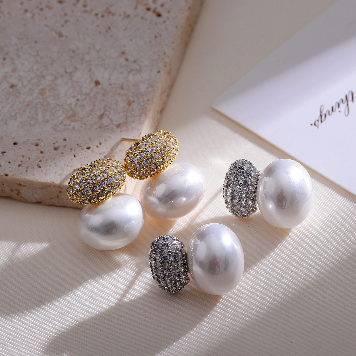 French Retro Geometric Imitation Pearl Stud Earrings Gold Plated Brass Zircon Jewelry