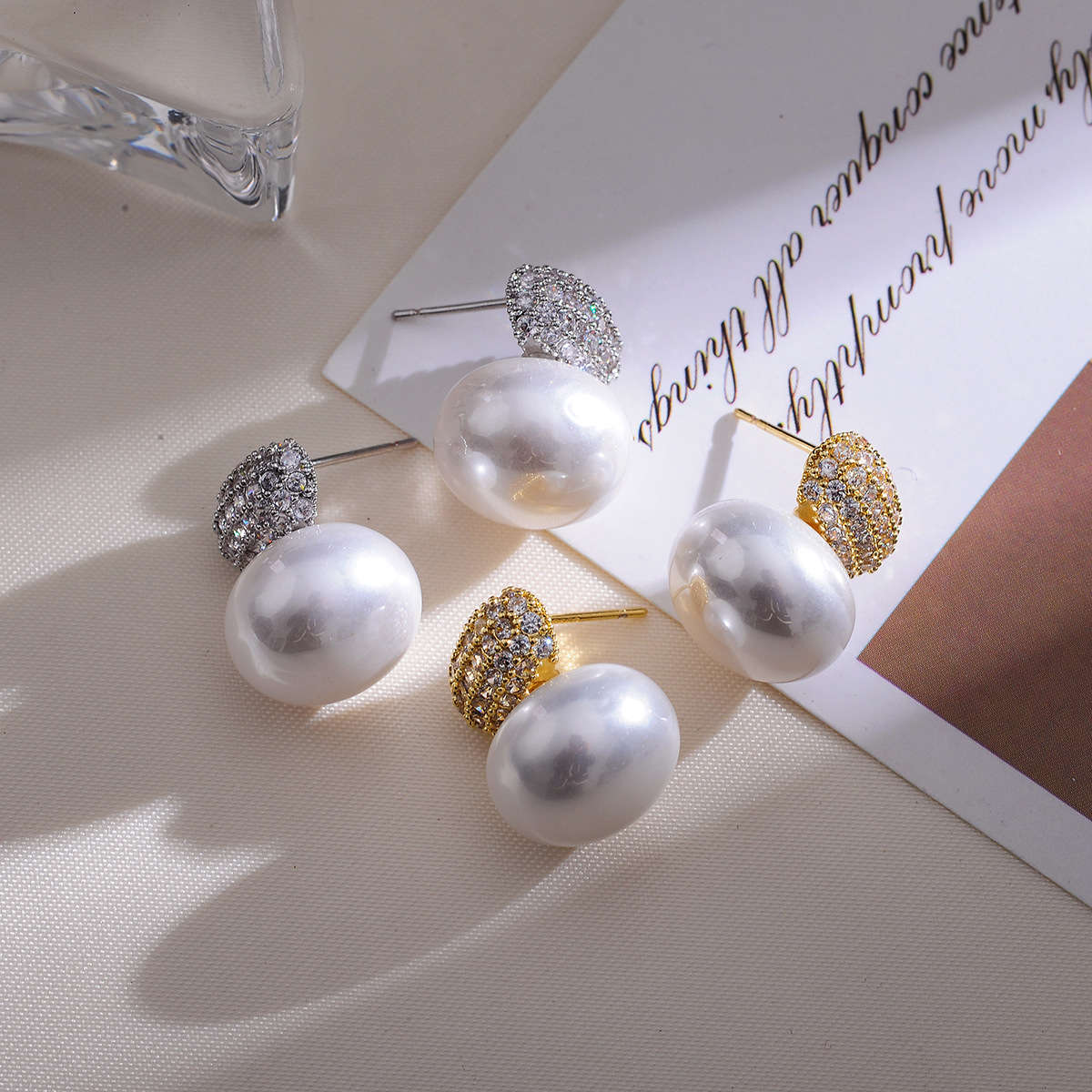 French Retro Geometric Imitation Pearl Stud Earrings Gold Plated Brass Zircon Jewelry