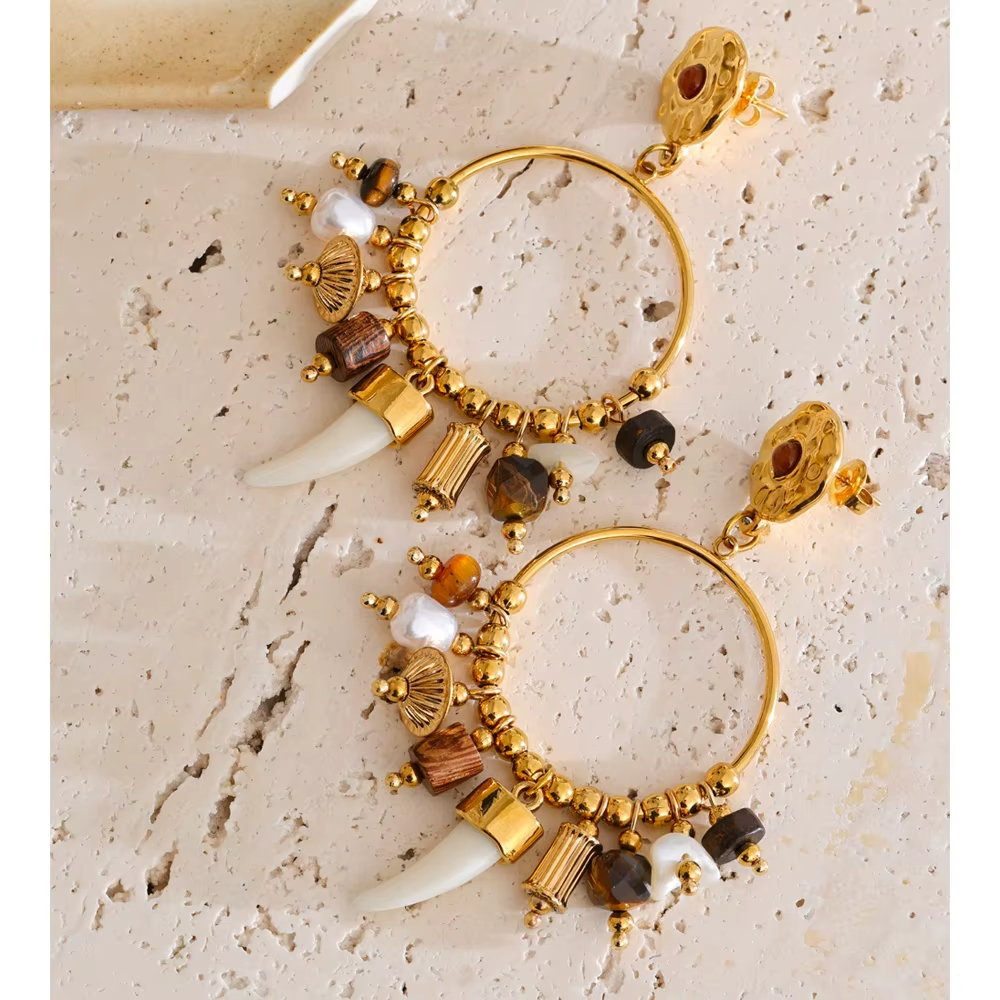 French Style Exaggerated Resin Ivory 80MM Drop Earrings Stainless Steel Gold Plated Hoop Earrings Jewelry