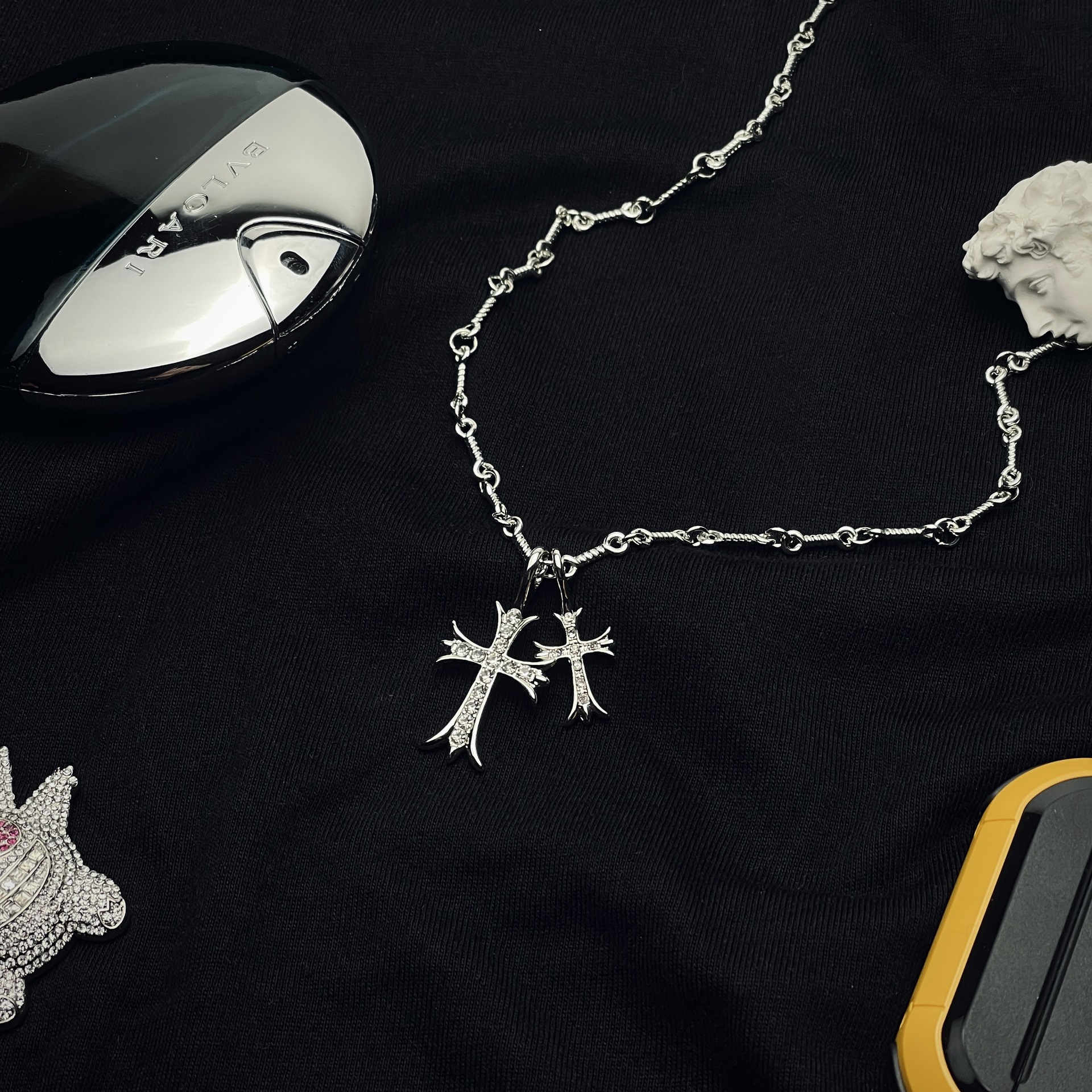 Full Iced Out Cross Couple Necklace Stainless Steel Jewelry Pendant Chain Luxury Matching Lovers Gift