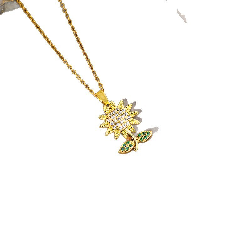 Full Zircon Sunflower Pendant Necklace – Gold Tone Floral Clavicle Chain Jewelry for Women
