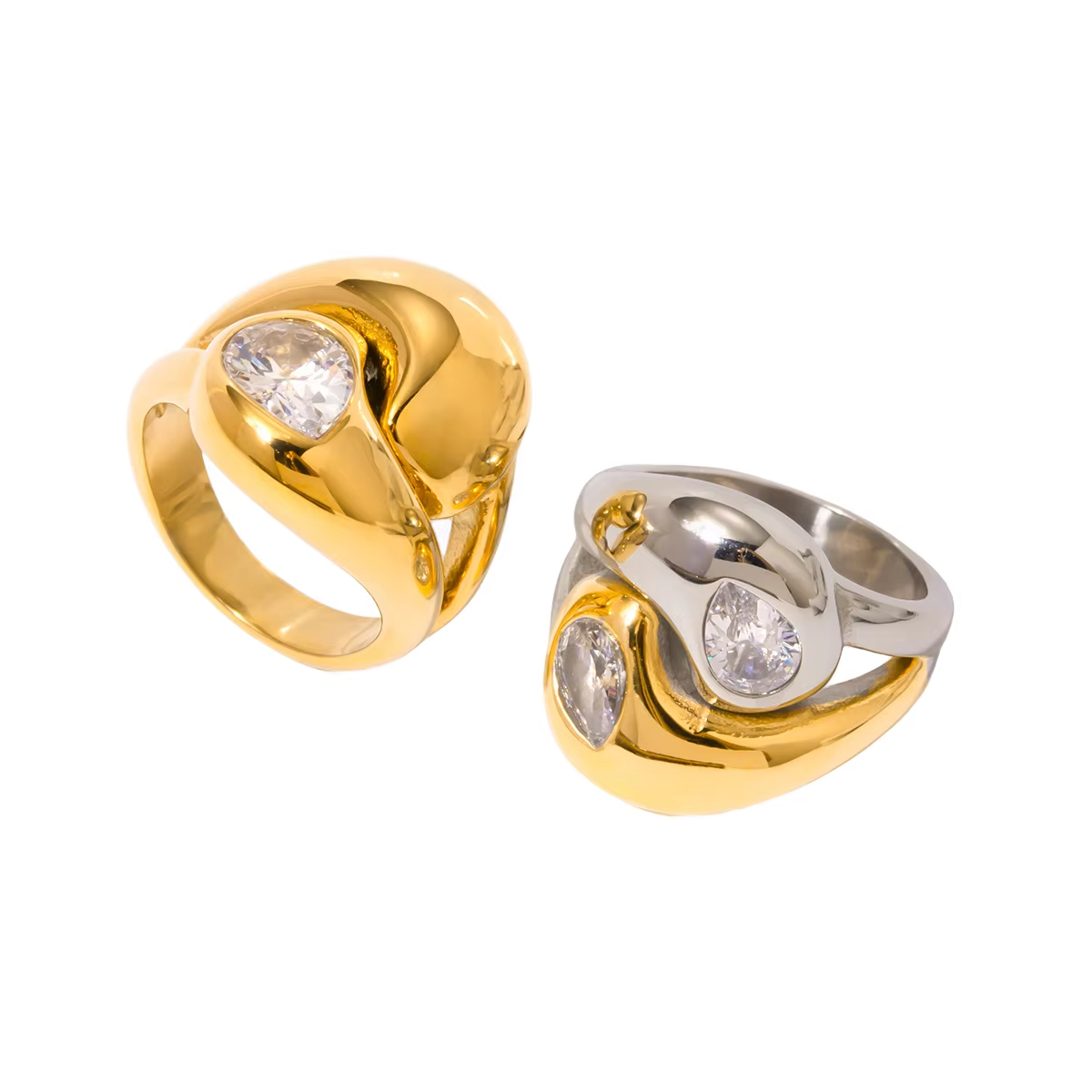 Geometric Connected Zircon Ring – 18K Gold Plated Stainless Steel Fashion Jewelry for Women