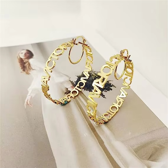Girls Personalised Initial Letter Nameplate Gold Stainless Steel Round Custom Hoop Name Earrings