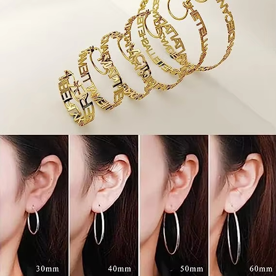 Girls Personalised Initial Letter Nameplate Gold Stainless Steel Round Custom Hoop Name Earrings