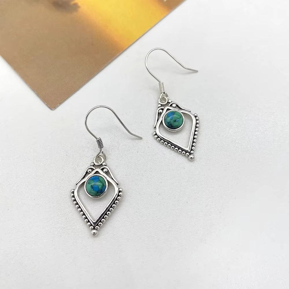 Glamorous Natural Turquoise S925 Silver Jewelry Screw Pattern Drop Earrings with Ancient Design Elegant Gift Woman Girlfriend
