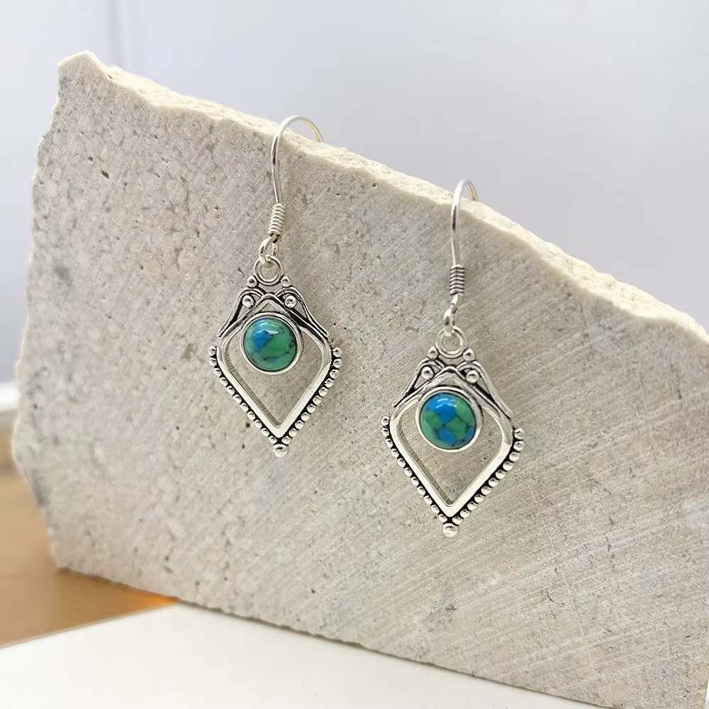 Glamorous Natural Turquoise S925 Silver Jewelry Screw Pattern Drop Earrings with Ancient Design Elegant Gift Woman Girlfriend