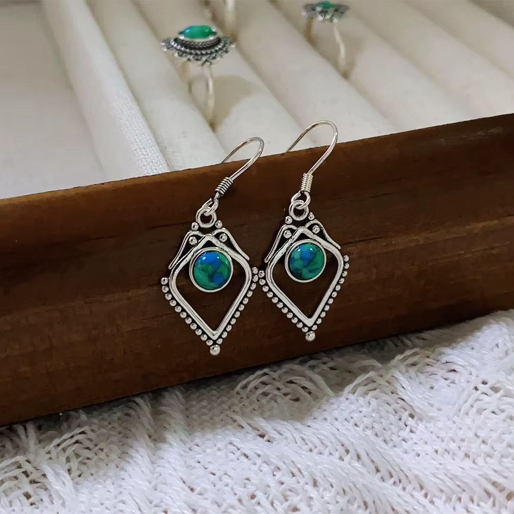 Glamorous Natural Turquoise S925 Silver Jewelry Screw Pattern Drop Earrings with Ancient Design Elegant Gift Woman Girlfriend