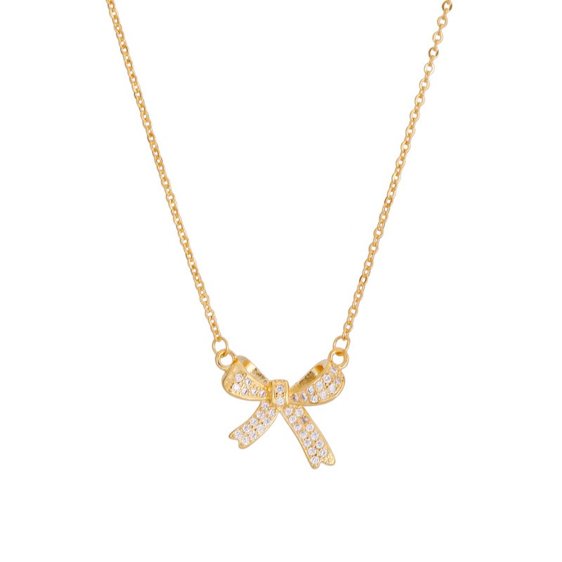 Gold Bow Titanium Steel Necklace for Women – Irregular Crystal Clavicle Chain