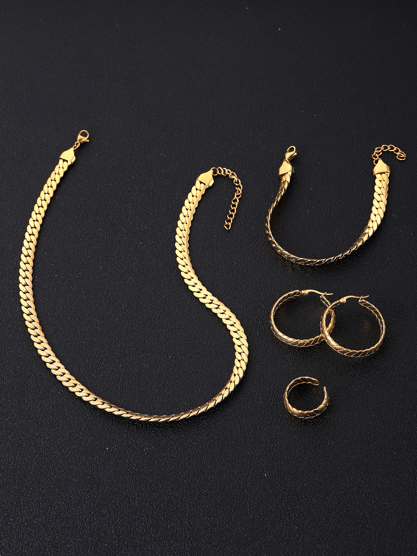 Gold Braided Chain stainless steel jewelry sets with Necklace Bracelet Hoop Earrings and Open Ring for Women
