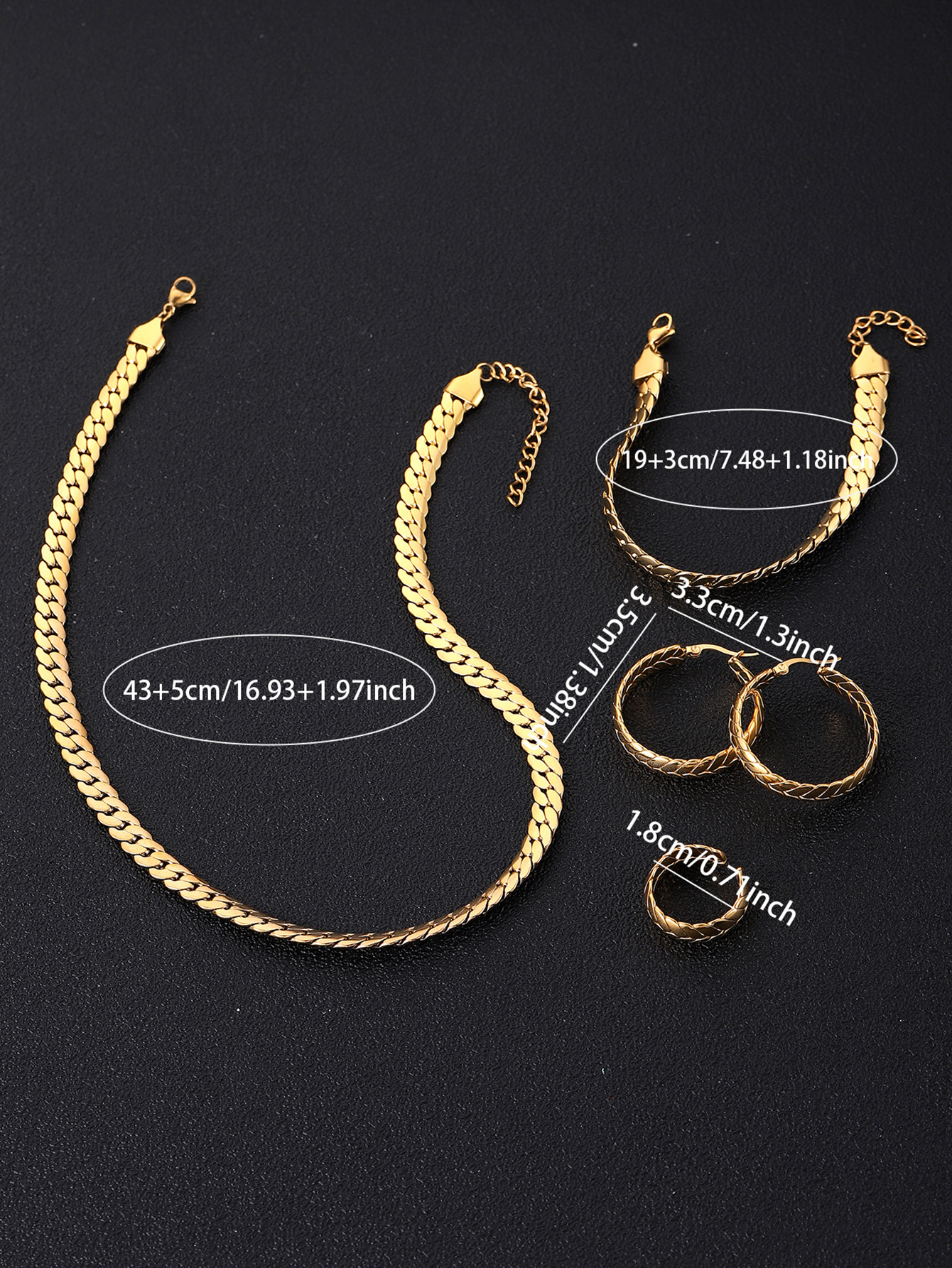 Gold Braided Chain stainless steel jewelry sets with Necklace Bracelet Hoop Earrings and Open Ring for Women