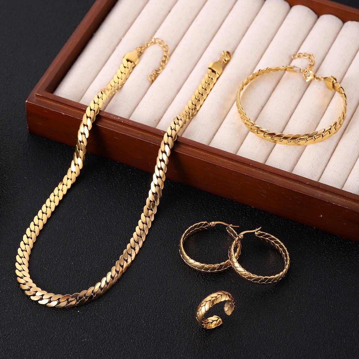 Gold Braided Chain stainless steel jewelry sets with Necklace Bracelet Hoop Earrings and Open Ring for Women