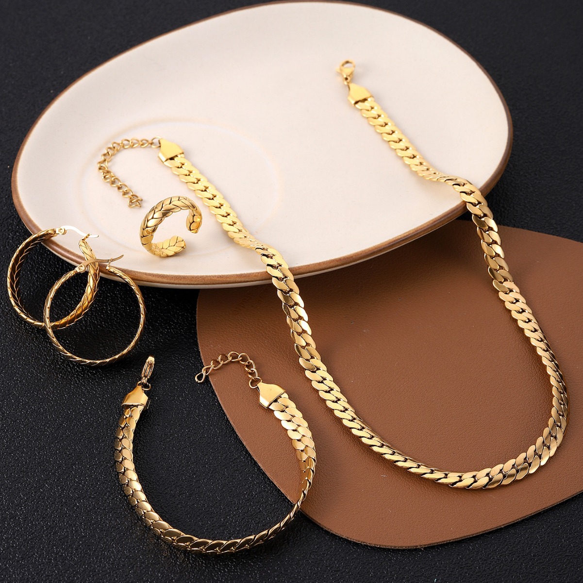 Gold Braided Chain stainless steel jewelry sets with Necklace Bracelet Hoop Earrings and Open Ring for Women