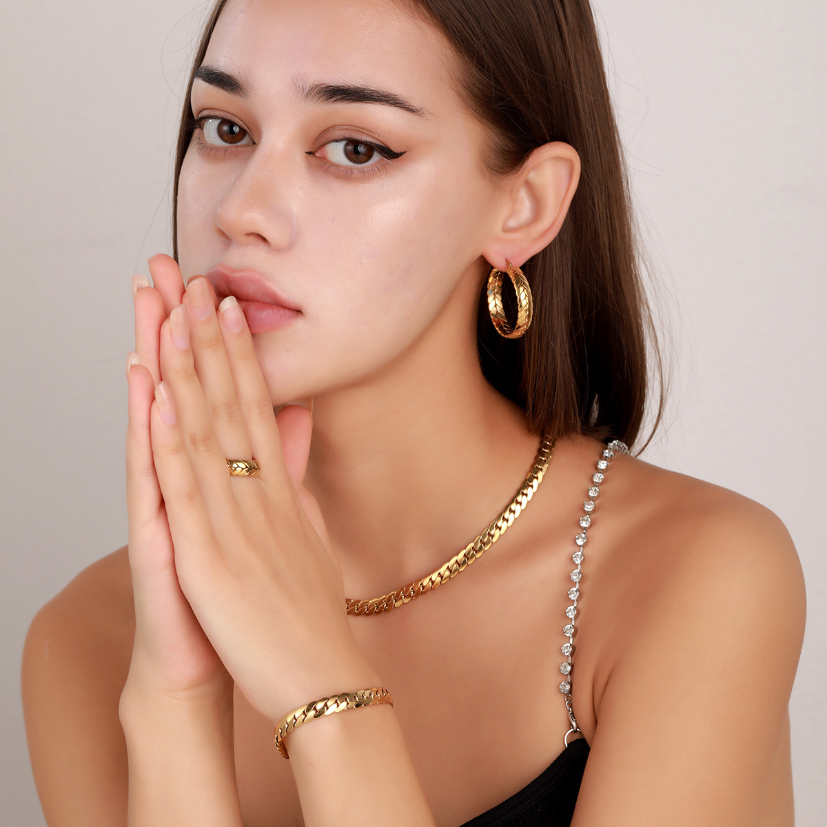 Gold Braided Chain stainless steel jewelry sets with Necklace Bracelet Hoop Earrings and Open Ring for Women