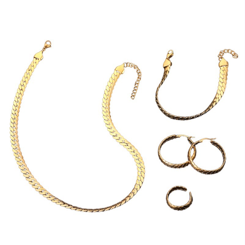 Gold Braided Chain stainless steel jewelry sets with Necklace Bracelet Hoop Earrings and Open Ring for Women