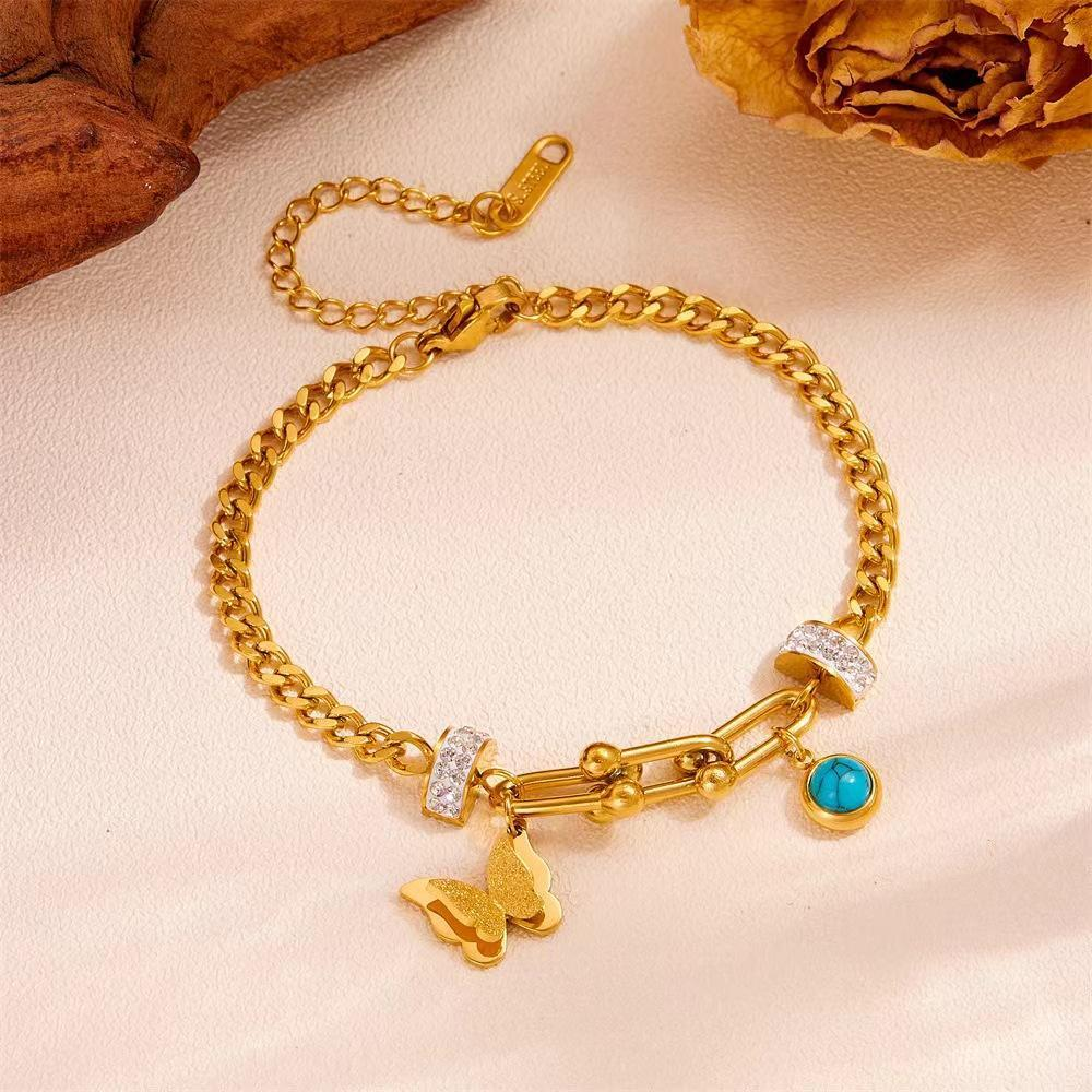 Gold Butterfly Charm Bracelet for Women with Blue Turquoise Bead, Stainless Steel Jewelry, Adjustable Chain, Fashion Jewelry Gift