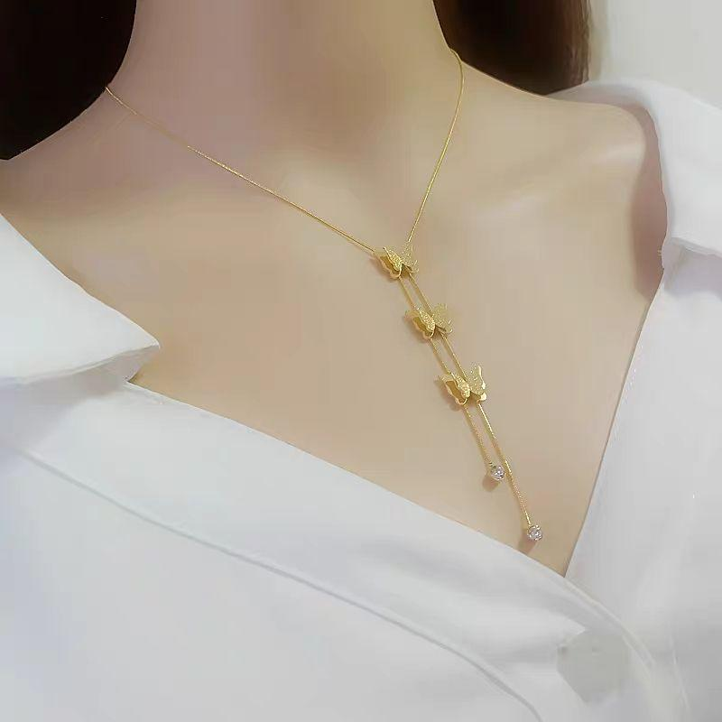 Gold Butterfly Drop Pendant Y Necklace – Elegant Triple Layer Design for Women