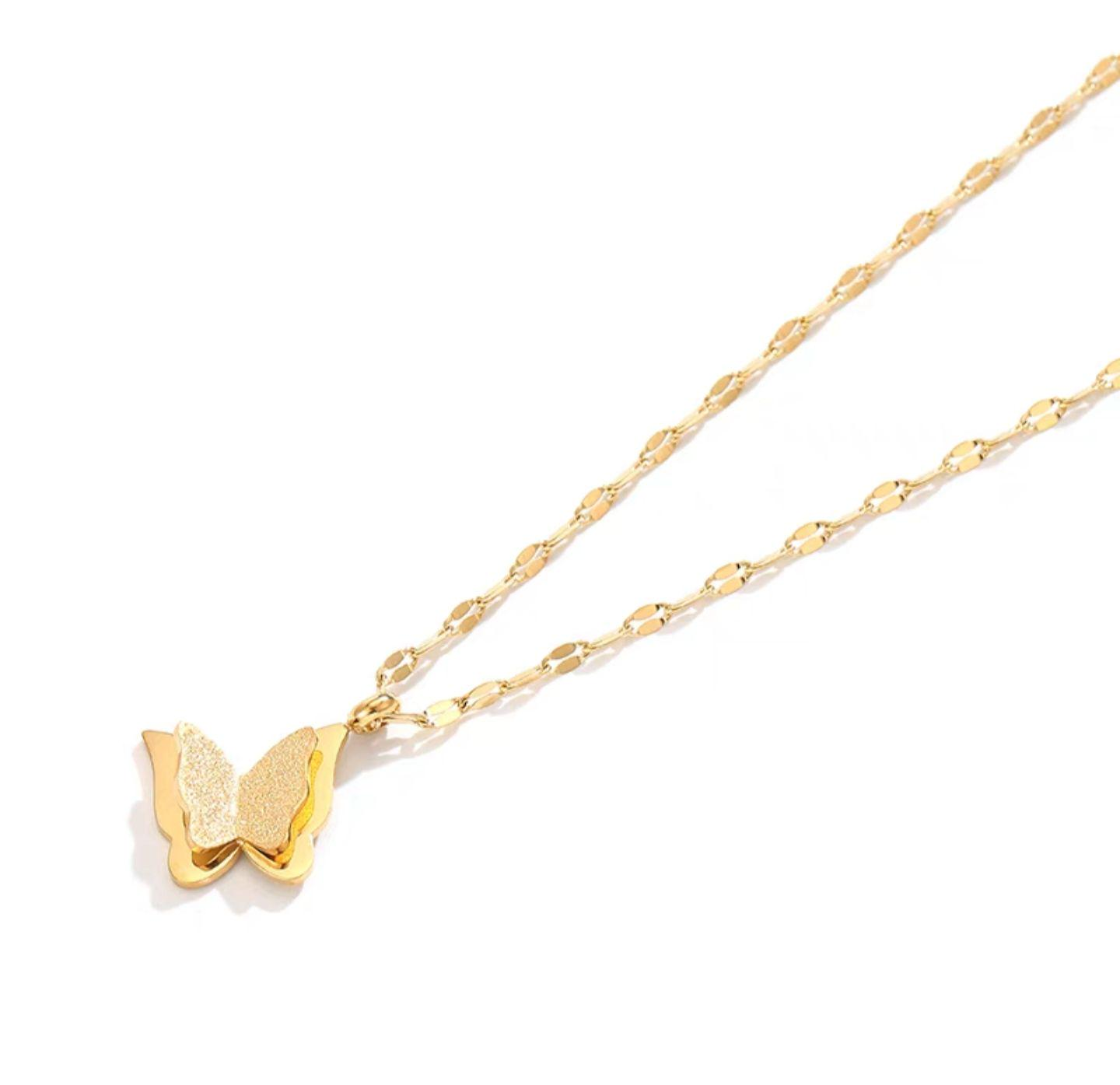 Gold Butterfly Pendant Necklace – Double Layer 3D Wing Design for Women