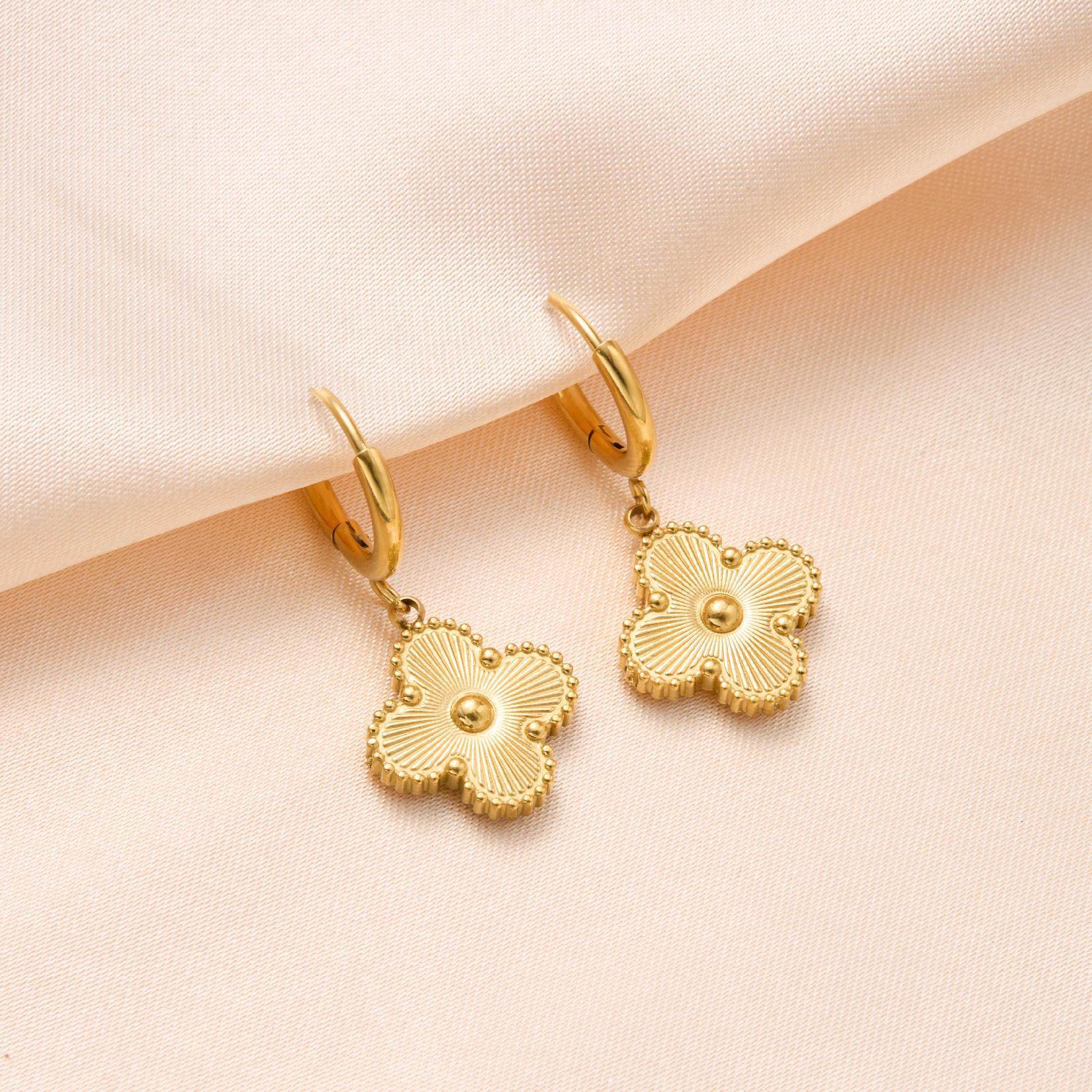 Gold Clover Stud Earrings for Women - Four-Leaf Lucky Charm Earrings with Textured Shine, Elegant Everyday Jewelry Gift for Girls & Women