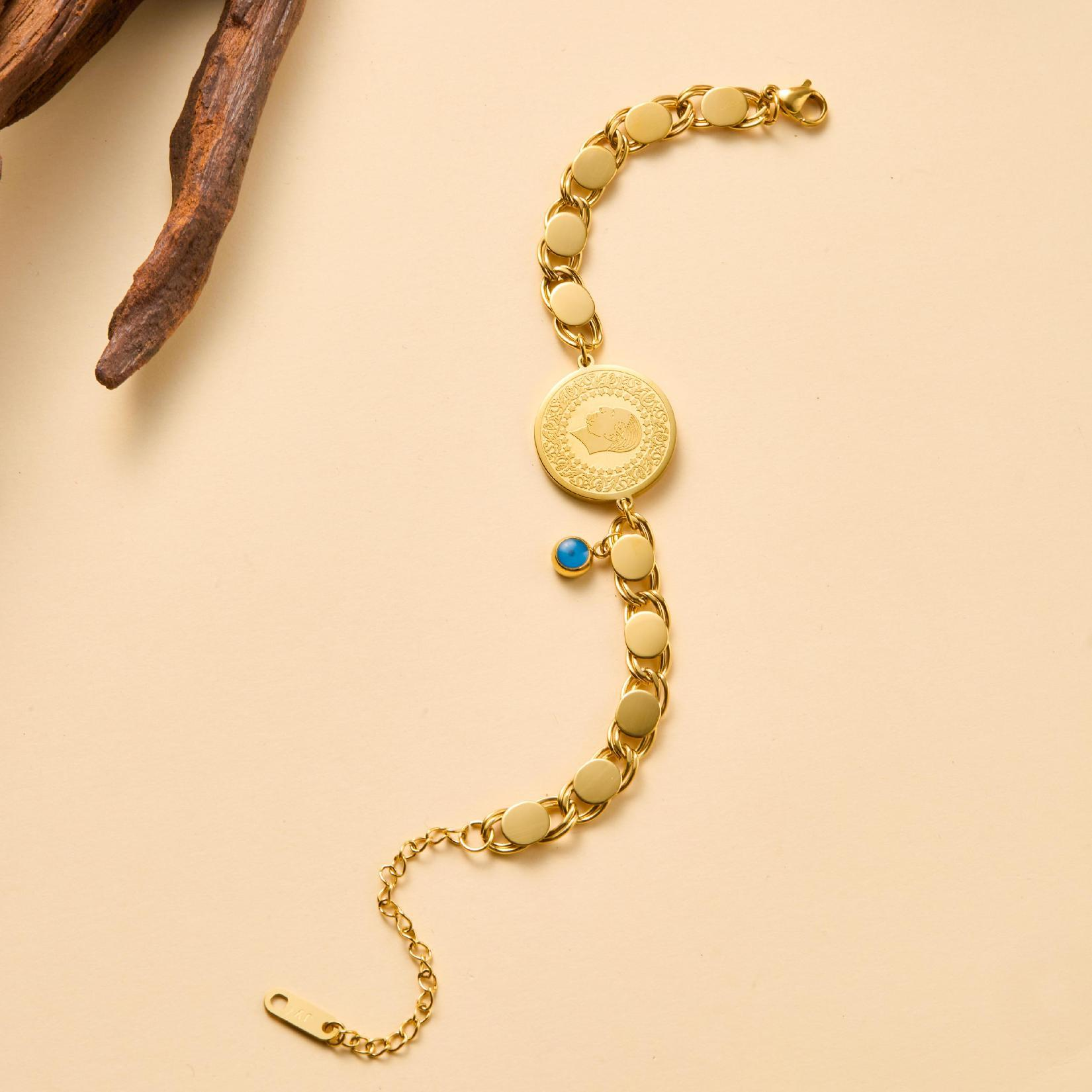 Gold Coin Charm Bracelet with Blue Turquoise Accent – Adjustable Vintage-Inspired Chain Jewelry for Women, Boho Statement Gift