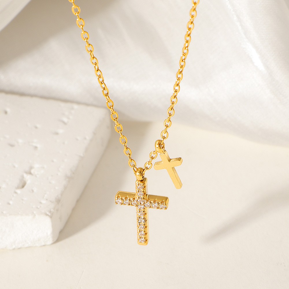 Gold Cross Pendant Necklace for Women Dainty Double Cross CZ Charm Chain Minimalist Jewelry