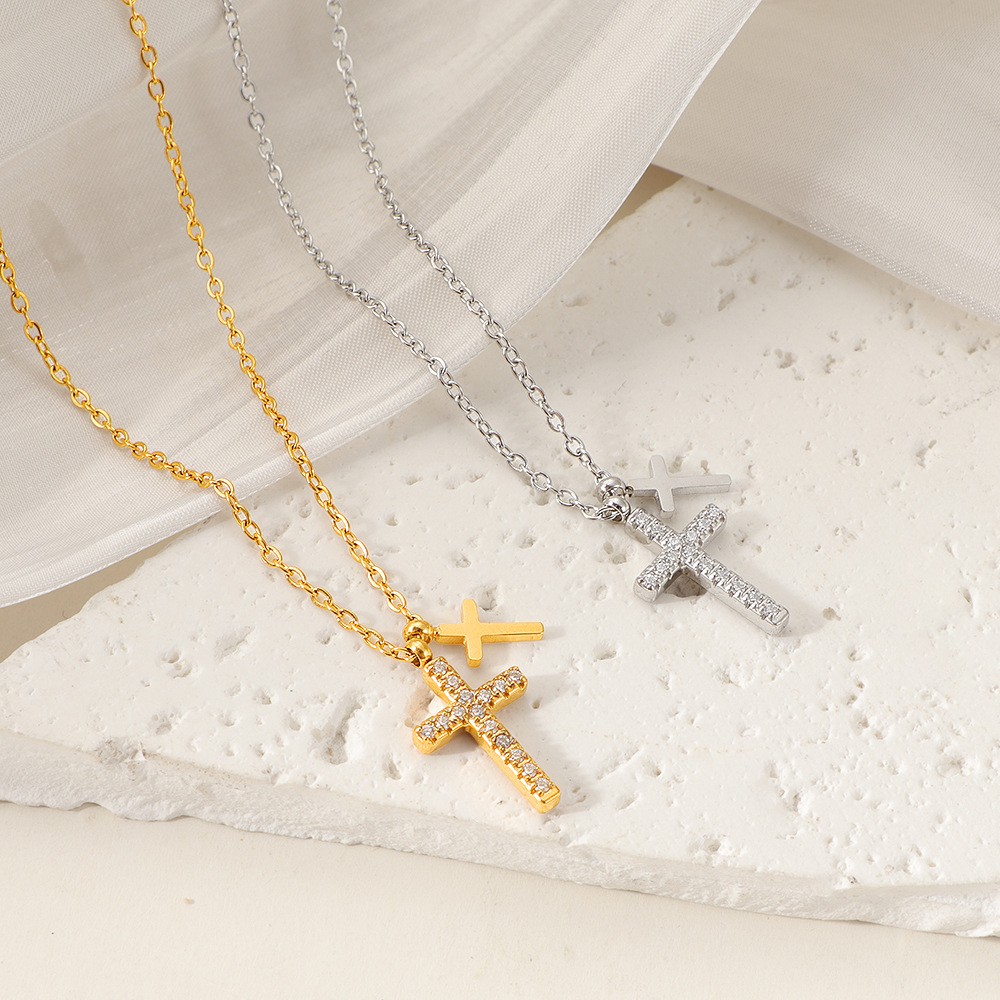 Gold Cross Pendant Necklace for Women Dainty Double Cross CZ Charm Chain Minimalist Jewelry