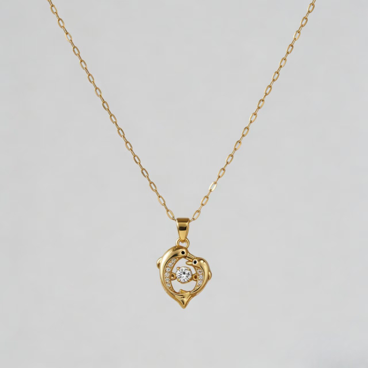 Gold Dolphin Heart Pendant Necklace with Crystal Accent
