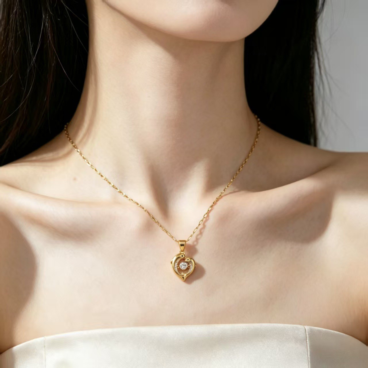 Gold Dolphin Heart Pendant Necklace with Crystal Accent