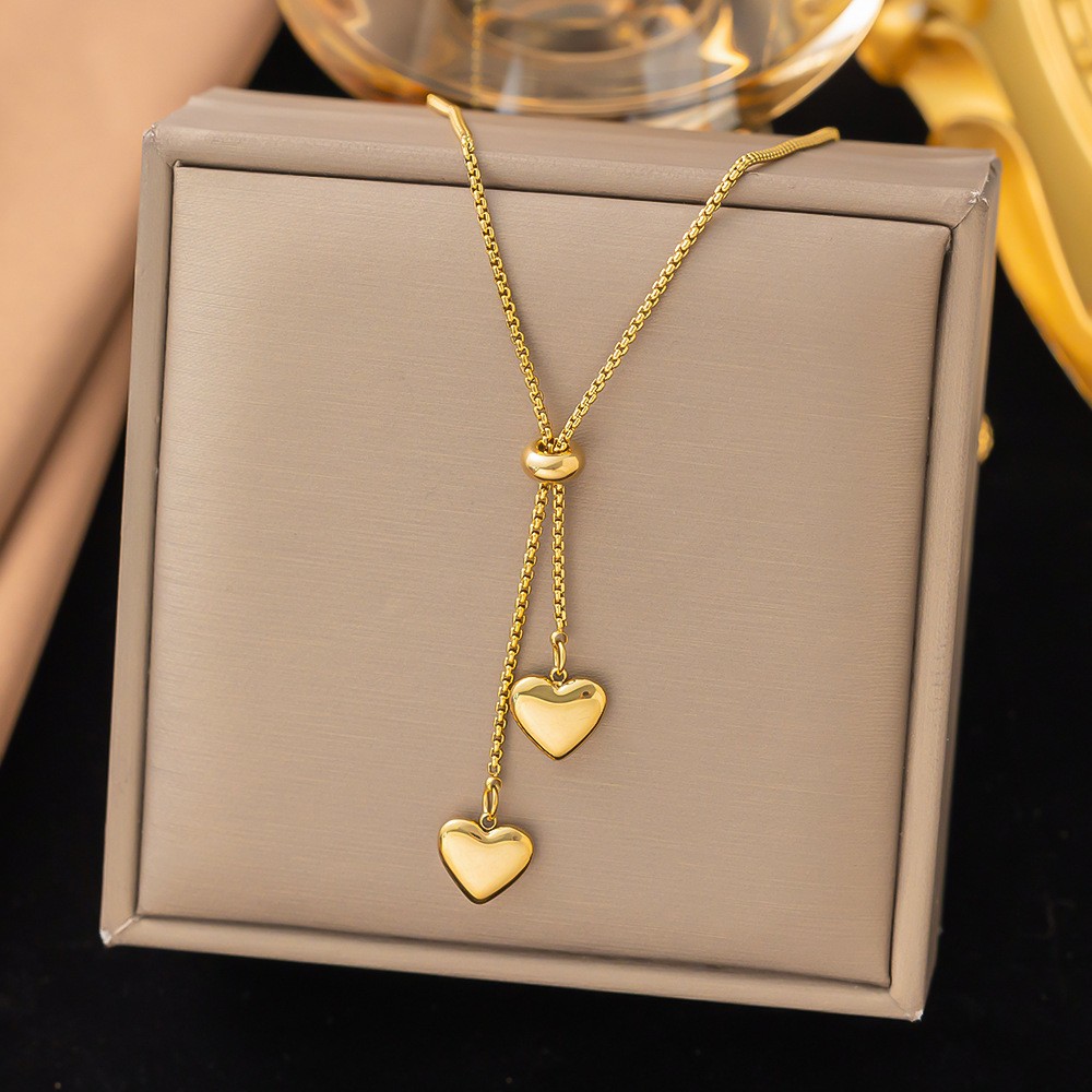 Gold Double Heart Lariat Necklace – Adjustable Y Chain Jewelry