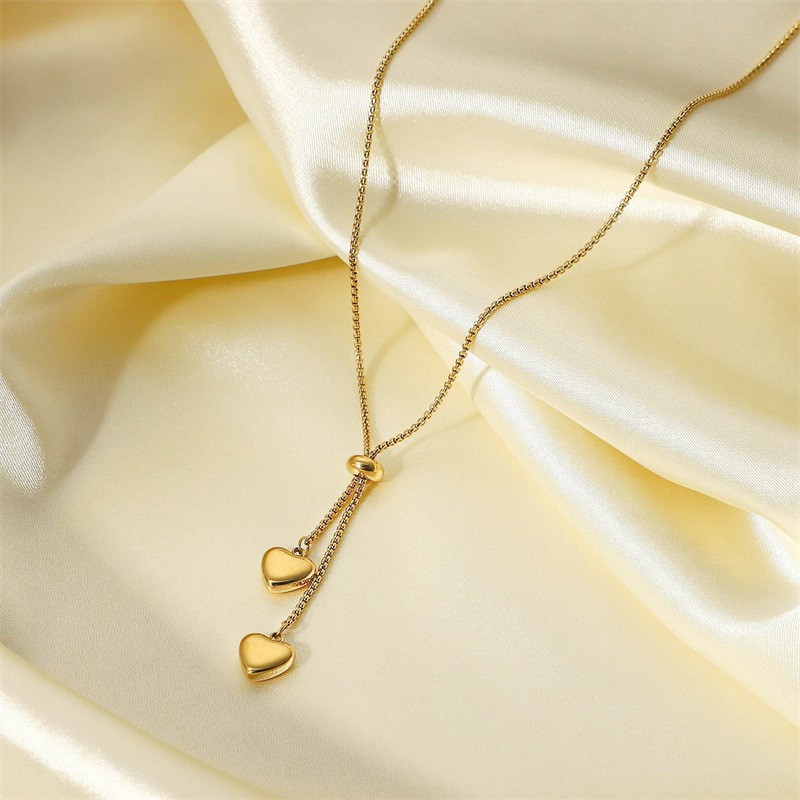 Gold Double Heart Lariat Necklace – Adjustable Y Chain Jewelry