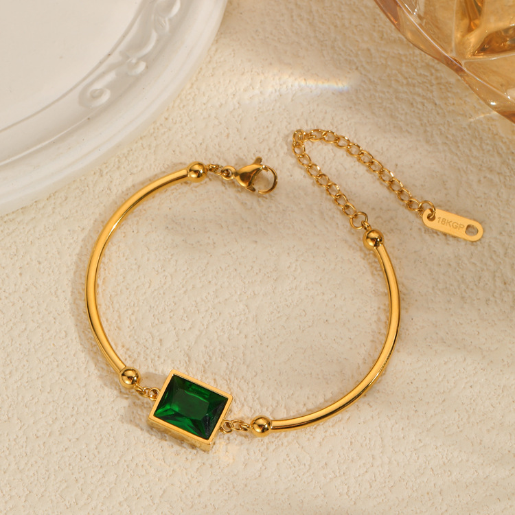 18K Gold Plated Emerald Green Gem Bracelet – Elegant Square Stone Bangle for Women